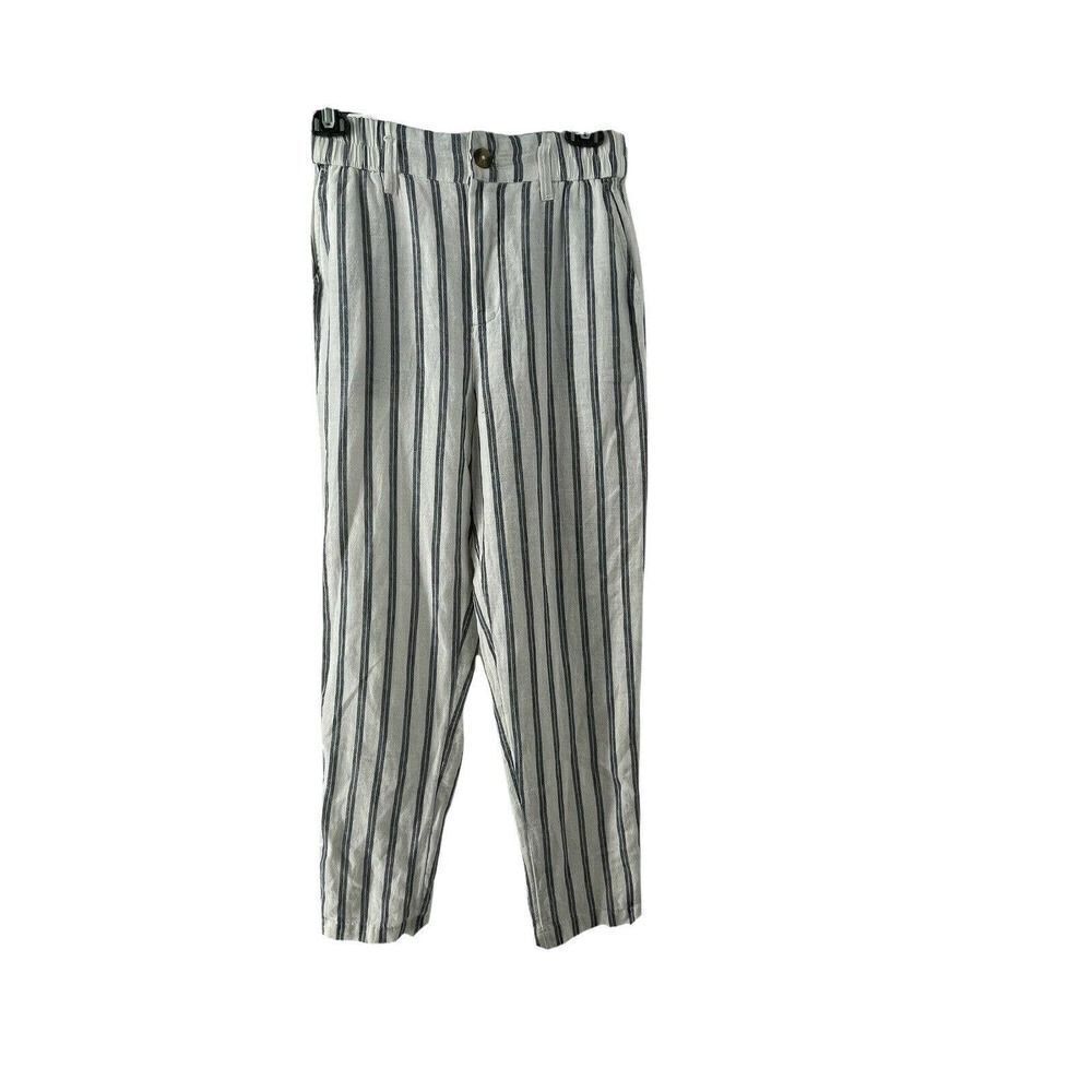American Eagle Linen Blend Striped Pants Womens Size XS White Blue High Rise NEW